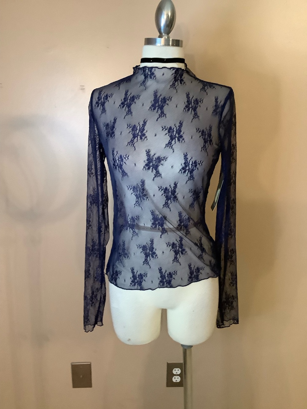 New Wild Fable Navy Blue Sheer Lace Floral Long Sleeve Layering Top Small